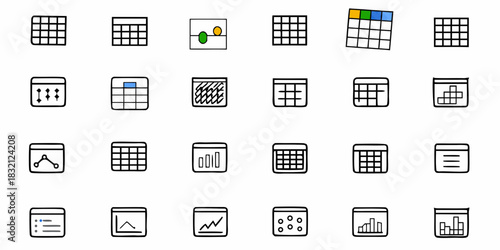 Collection of hand drawn icons representing spreadsheets data charts and tables