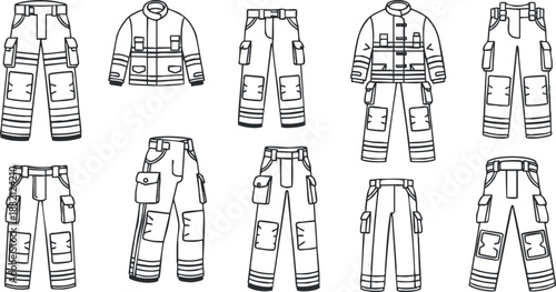 A collection of various cargo pants and trousers in outline vector style, suitable for fashion design and apparel projects
