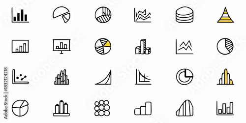 Collection of hand drawn infographic icons representing various types of charts and graphs