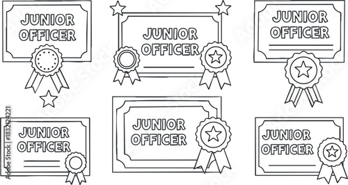 A collection of Junior Officer certificates with ribbons and stars in outline vector style, ideal for educational and award design