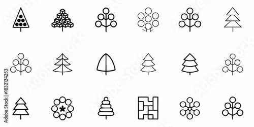 Collection of simple hand drawn tree icons and abstract shapes in black outline on white background