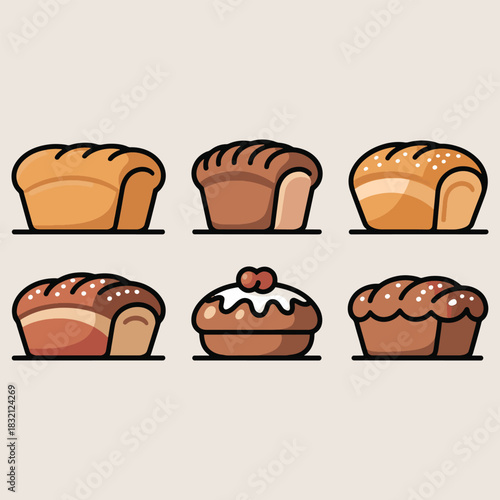 Six Different Types of Bread and Decorated Cakes in a Row loaf pastry