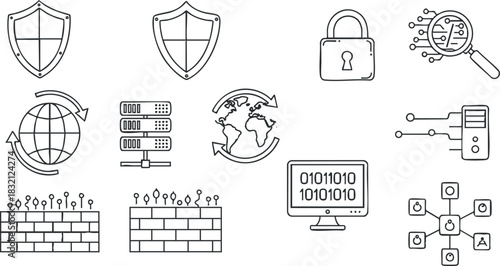 A collection of cybersecurity and network protection icons featuring shields, locks, servers, and global elements in a clean outline vector style, ideal for tech-related designs