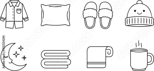 Cozy Night In Pajamas Pillow Slippers Hat Moon Towels and Hot Drink.