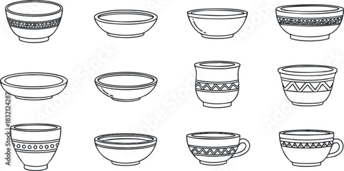 A collection of various cup and bowl designs in black and white outline style, suitable for kitchen and dining illustrations