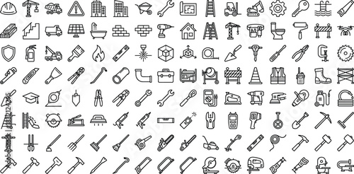 Large collection of outline vector icons showing construction tools, building materials, heavy machinery, safety equipment and home renovation.