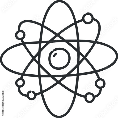 An atom symbol with electrons orbiting in outline geometric vector style, suitable for educational and scientific projects