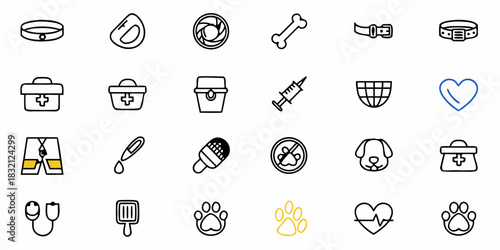 Collection of veterinary and pet care icons in a simple outline style