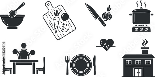 A collection of cooking and dining icons featuring utensils, vegetables, and a family gathering around a table in black and white vector style, perfect for culinary projects and restaurant branding