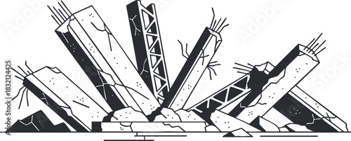 A collection of concrete debris and wreckage in black and white vector style, suitable for construction and demolition themes