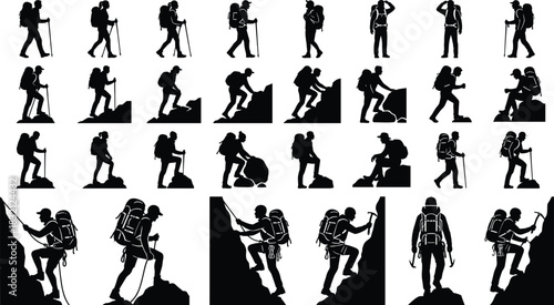 Set of black vector silhouettes showing hikers, trekkers and mountain climbers with backpacks, walking poles and climbing gear.