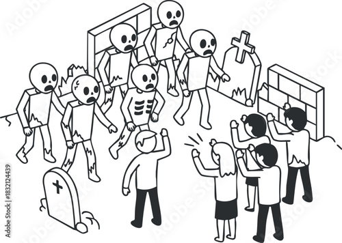 A group of people reacting to skeletons and zombies in an outline cartoon style, perfect for Halloween-themed designs