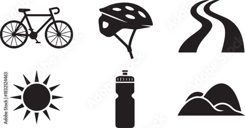 Cycling Essentials Bike Helmet Route Sun Water and Mountains.