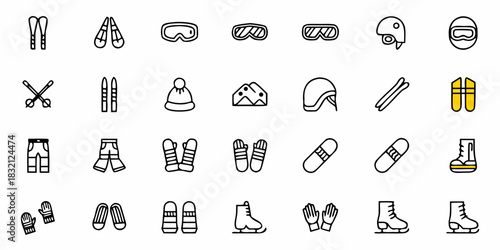 Collection of winter sports equipment icons for skiing and snowboarding