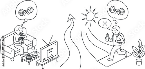 A split illustration depicting a person exercising at home with weights and another person walking outdoors in a minimalist black and white vector style, representing healthy lifestyle choices