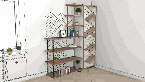 Stylish bookshelf in a modern living room, perfect for showcasing books, plants, and decor, bringing personality and organization to any home interior