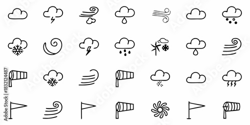 Collection of hand drawn weather icons including clouds rain snow wind lightning and windsock