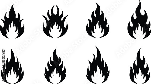 Set of black flame icons on white background