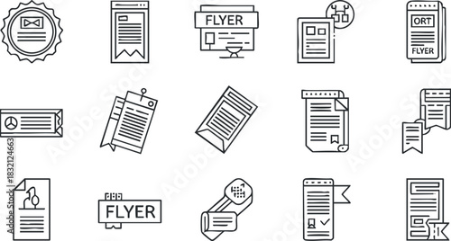 A collection of various flyer and document icons in black and white outline vector style, suitable for marketing and promotional materials