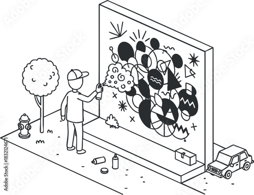 A street artist creating graffiti on a large wall in a modern vector style, ideal for urban culture themes