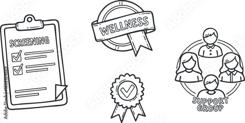 A collection of wellness icons including a screening checklist, a wellness badge, and a support group illustration in outline vector style, ideal for health-related projects