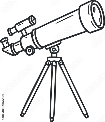 A telescope with a tripod and additional viewing scope in a minimalist black and white vector style, ideal for educational materials and astronomy illustrations