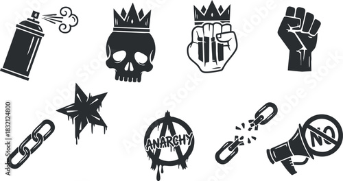 A collection of rebellious symbols including a spray can, skull, fist, and anarchy sign in black and white vector style, ideal for street art and activism themes