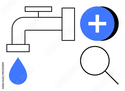 Water conservation concept. Faucet with drop water-saving, plus sign for addition or improvement, magnifying glass focus on resources. For environmental , plumbing, sustainability, resource
