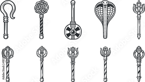 A collection of ornate staffs and scepters in black and white line art vector style, suitable for fantasy and mythology designs