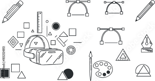 A collection of virtual reality headsets and design tools in black and white geometric vector style, perfect for tech and creative projects