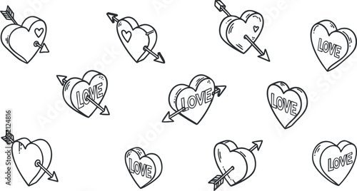 A collection of hearts with arrows and the word love in outline style, perfect for romantic designs and celebrations