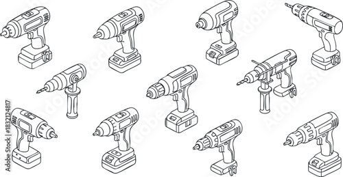 A set of various power drills in outline style vector illustration, suitable for construction and handyman projects