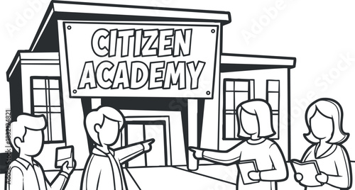 A drawing of a Citizen Academy building with diverse students engaging in learning activities in black and white outline vector style, perfect for educational branding
