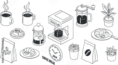 A collection of coffee and snack elements in minimalist outline vector style, ideal for café branding and related projects