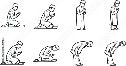 A set of eight outline vector illustrations depicting various Muslim prayer poses, showcasing devotion and spirituality, suitable for religious themes and educational materials