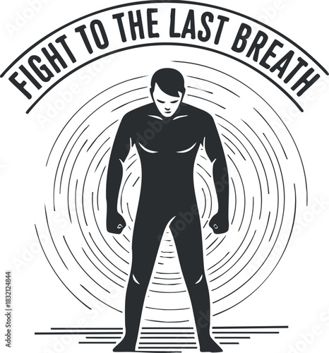 A powerful illustration of a determined man fighting to the last breath in a bold black and white minimalist vector style, suitable for motivational posters and fitness branding