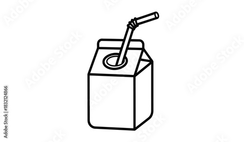 Simple black and white juice box illustration with straw minimalist line art style depicting a drink container in a clean silhouette silhouette