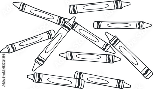 A collection of crayons in a playful outline style, ideal for educational materials and children’s art projects