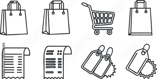 A collection of shopping-related icons including bags, receipts, and price tags in minimalist black and white vector style, perfect for ecommerce design
