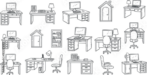 A collection of various office desks and furniture elements in minimalist line art style, suitable for interior design projects