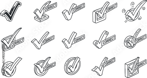 A collection of various checkmarks and correct icons in black outline vector style, suitable for approval and validation designs