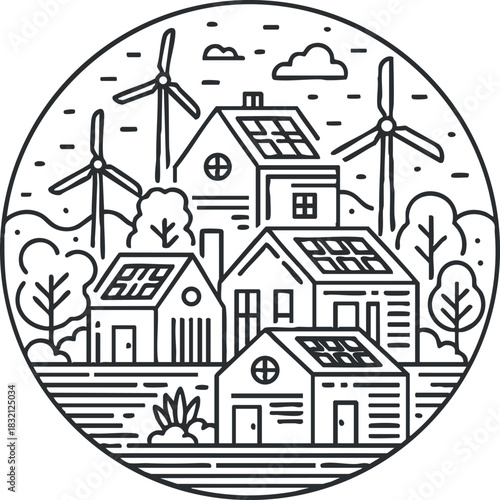 A collection of houses with solar panels and wind turbines in a minimalist outline vector style, ideal for sustainability themes