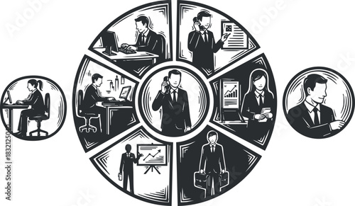 A collection of business professionals engaged in various activities in a black and white vector style, suitable for corporate presentations and marketing materials