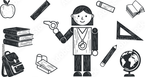 A playful teacher character holding a pointer surrounded by school supplies in black and white outline vector style, ideal for educational materials