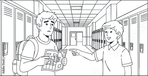 A scene of two students in a school hallway discussing a map in black and white outline style, ideal for educational content