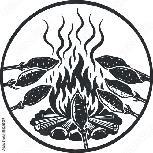 A campfire with sticks and food being roasted in a black and white outline style, perfect for outdoor adventure themes