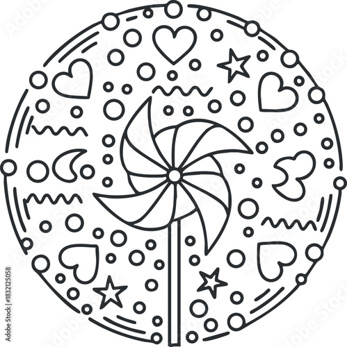 A whimsical pinwheel design surrounded by hearts, stars, and moons in black and white outline vector style, ideal for children's party invitations