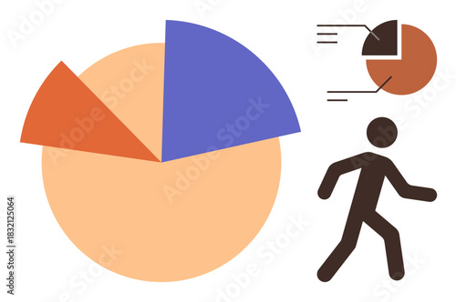 Person walking next to a segmented pie chart in orange and blue, emphasizing statistic division and speed. Ideal for data visualization, business growth, progress, dynamics, movement, analytics