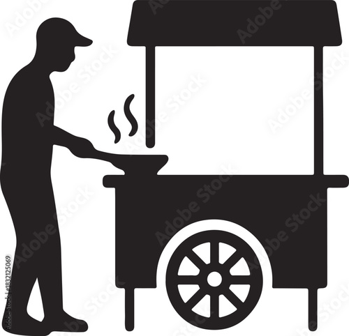 Street vendor silhouette, man selling food, small market stall vector