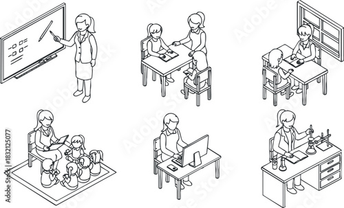 A collection of educational activities featuring teachers and students in outline vector style, suitable for educational materials and illustrations